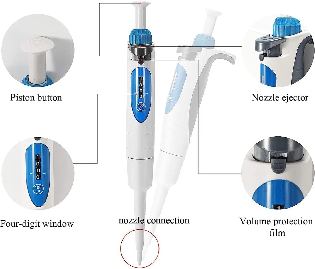 Micropipeta de laboratorio, rango de capacidad de 0.1-1ul pipeta de canal único de alta precisión, pipeta de volumen ajustable, utilizada en médico, educativo, químico.