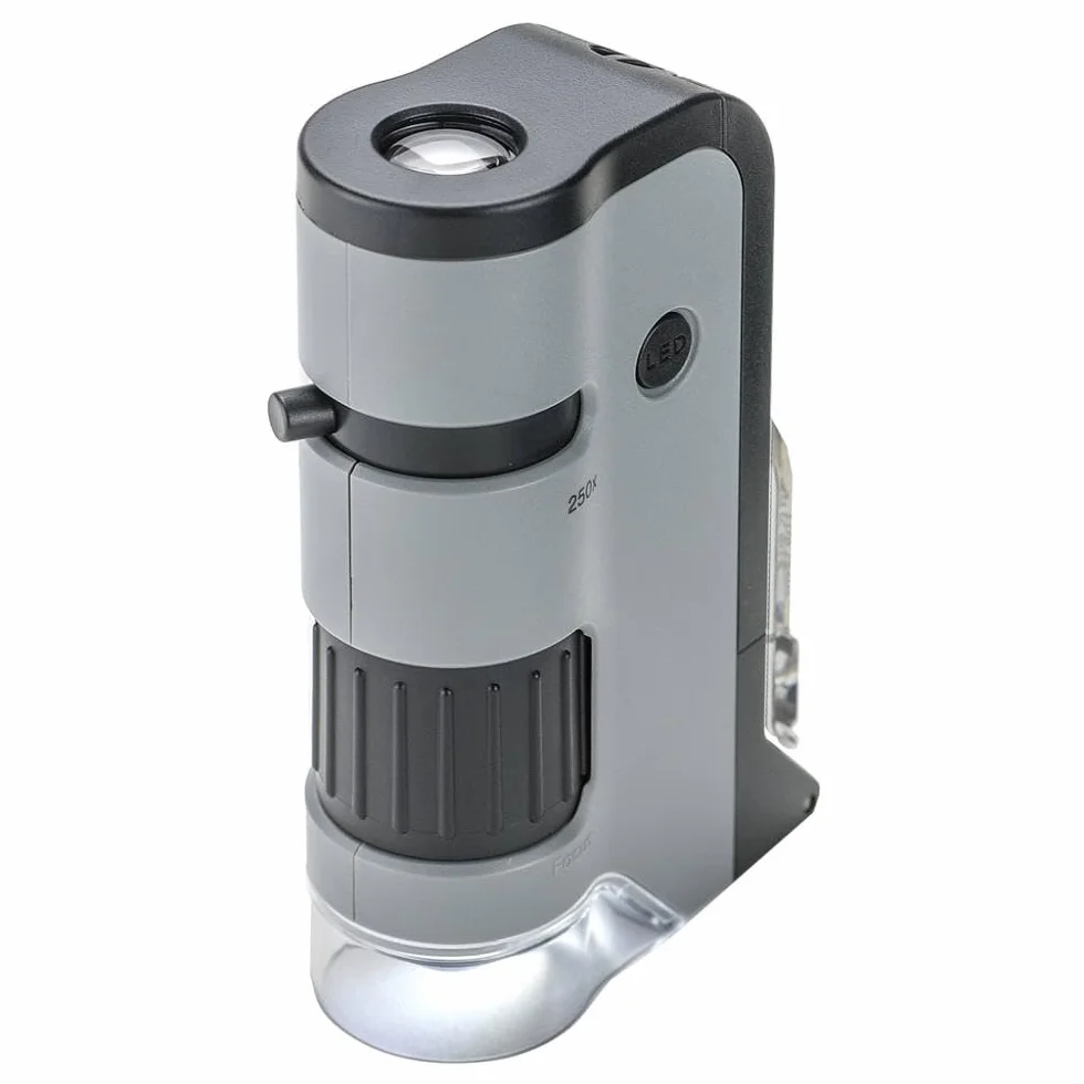 CARSON MicroFlip 100x-250x - Microscopio de Bolsillo con luz LED y UV, Base Deslizante abatible y Clip de digitalización para Smartphone (MP-250)