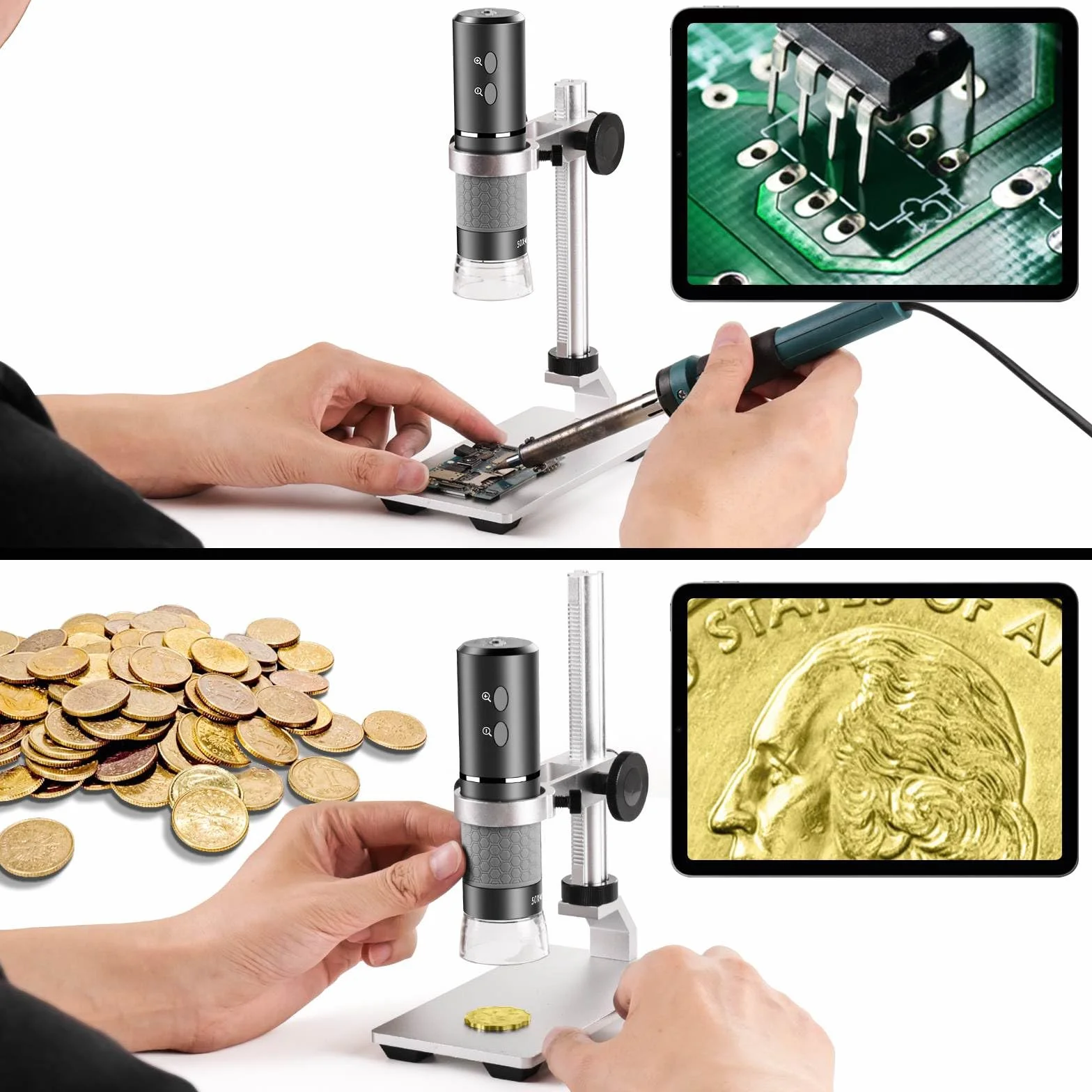 4K Microscopio WiFi con Soporte Profesional + Estuche, 50-1000X Microscopio Digital USB HD Cámara, para iPhone iPad Android Windows Mac Chrome Linux