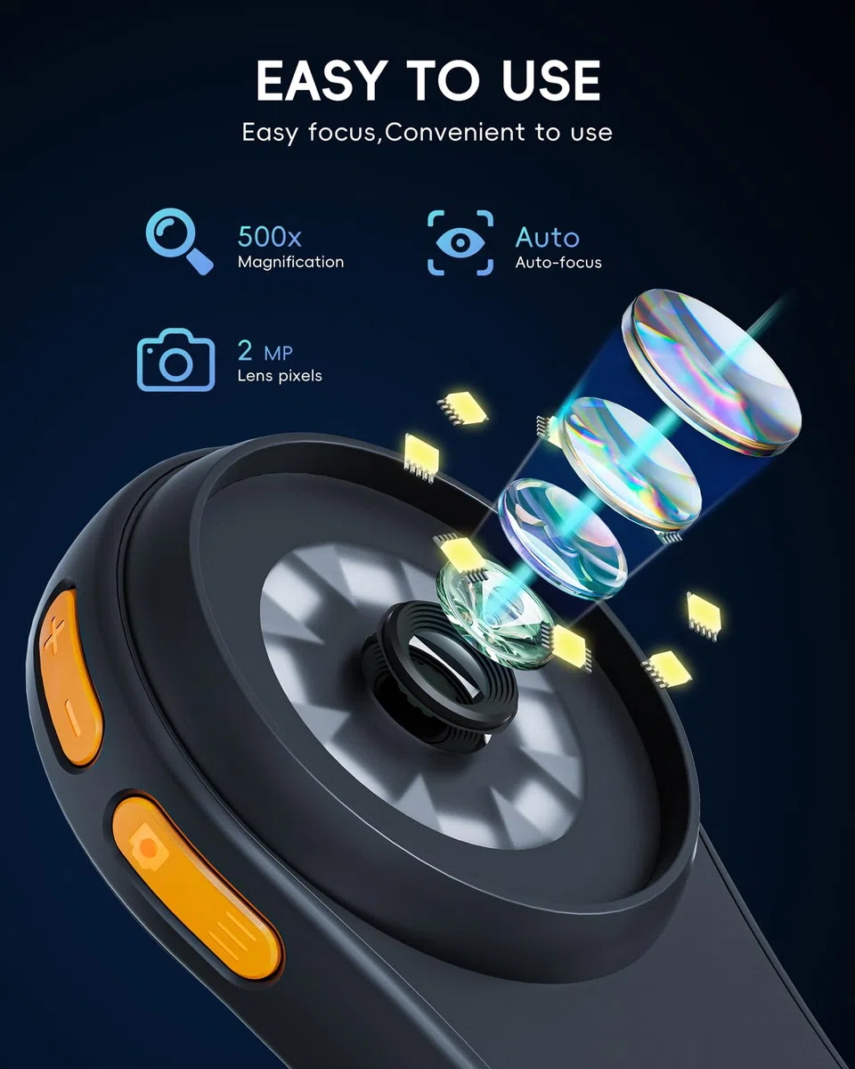 SGAINUL Cámaras de Microscopio Portátil IPS 500x de 2,0 Pulgadas para niños, Mini Microscopio con 8 Luces LED Ajustables, Recargable