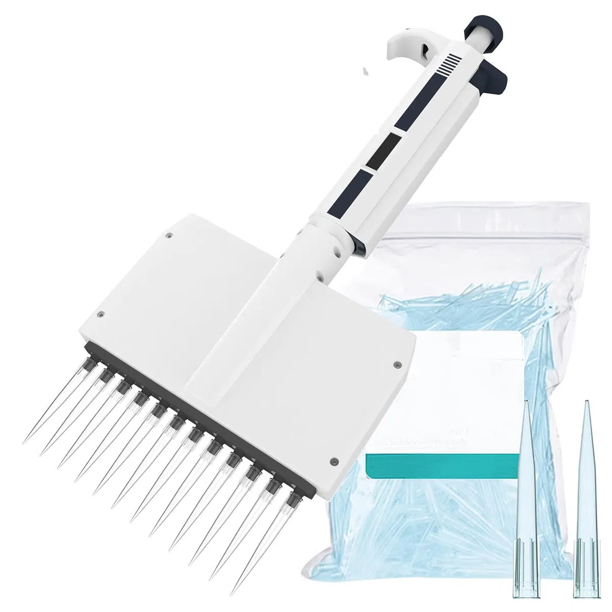 Micropipeta de volumen ajustable de 12 canales de 50 μl, pipeta de laboratorio multicanal con cabezal giratorio de 360° para una transferencia precisa de líquidos