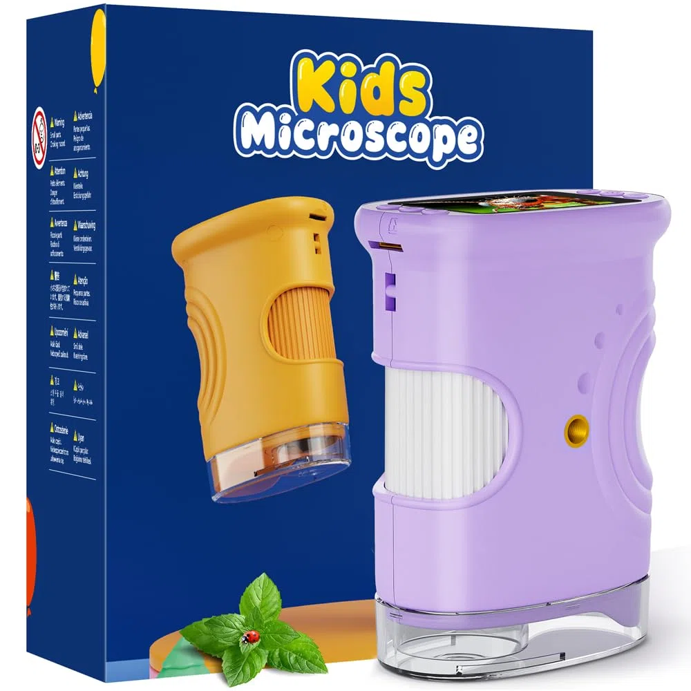 Microscopio para niños, Temodu Pantalla IPS de 2.0'', 1000X Microscopio Digital Exterior Electrónico Recargables, con 8 Luces LED, Regalo para Cumpleaños Cumpleaños/Navidad/Año Nuevo (382-Purple)