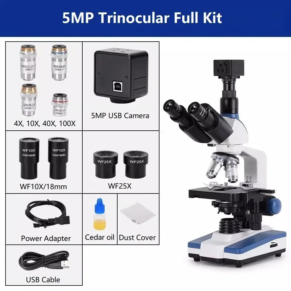 Kit de microscopio biológico Compuesto USB 40X-2500X con Platina mecánica XY 3D Ajustable para Laboratorio de Ciencias educativas y adaptadores de Lentes.