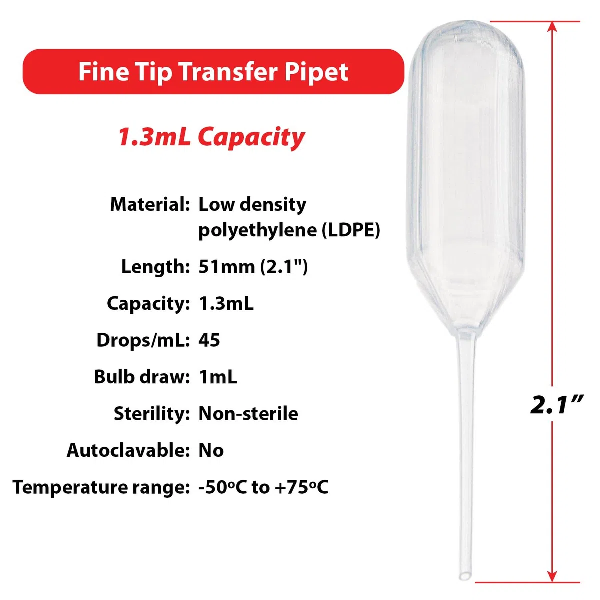 Mundo Científico 134010 – 500 LDPE Pipet de transferencia de punta fina, no estéril, 51 mm longitud, 1,3 ml capacidad (caja de 500)