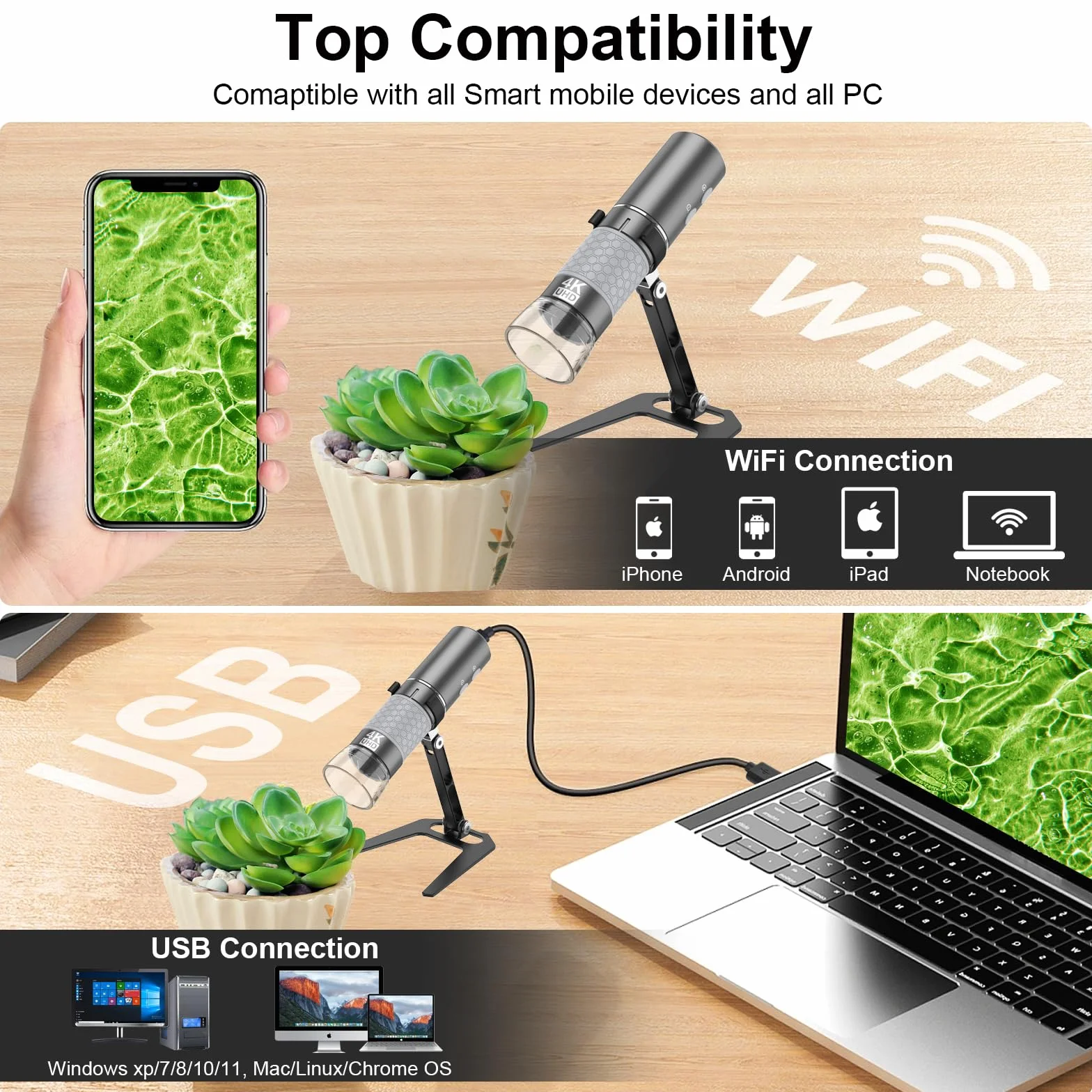Microscopio Digital WiFi 4K 3840 x 2160p para iPhone Android y Windows Mac PC, cámara de microscopio de Mano inalámbrica, microscopio portátil con Soporte de Metal para Adultos y niños