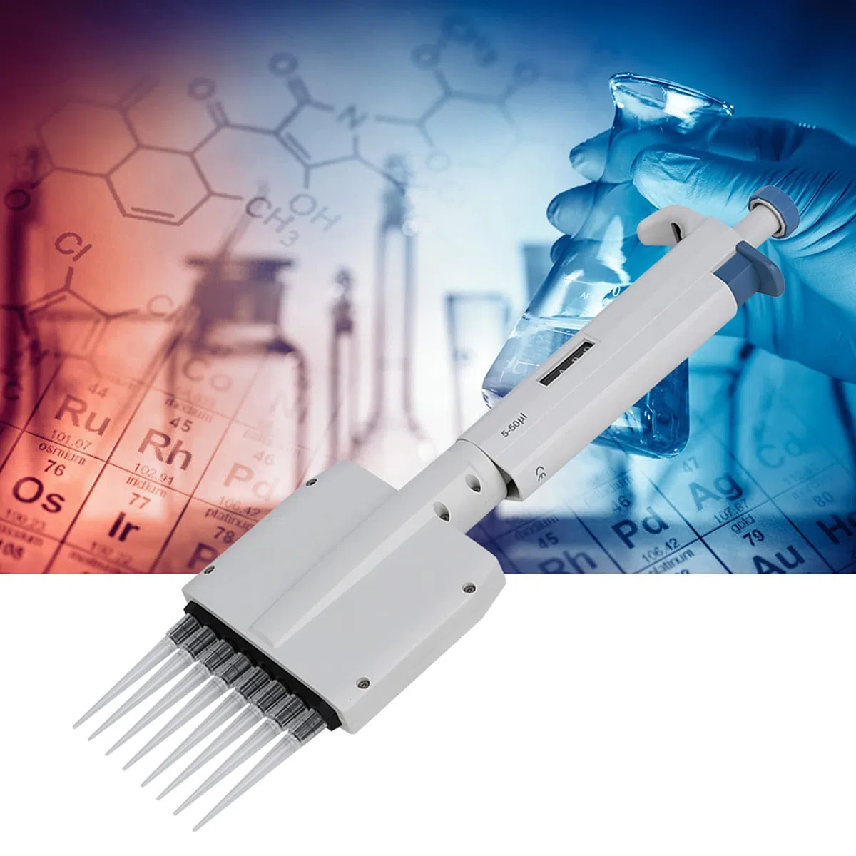Pipeta Mecánica Ajustable Manual de Volumen Variable de 8 Canales, 5-50 μl, Pipeta, Herramienta de Laboratorio, Accesorio Multifuncional para Uso Doméstico