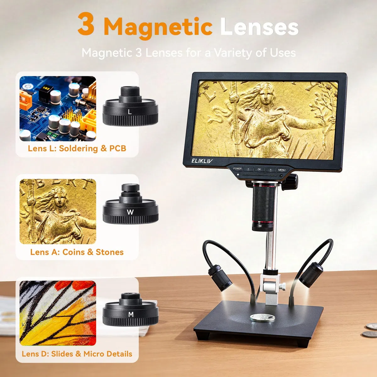 Elikliv Microscopio Digital 4K para Soldadura: TL301 MAX con 3 Lentes Magnéticas, Pantalla IPS de 10,1", Luces Laterales, Soporte de 10", Compatible con PC/TV, 64 GB