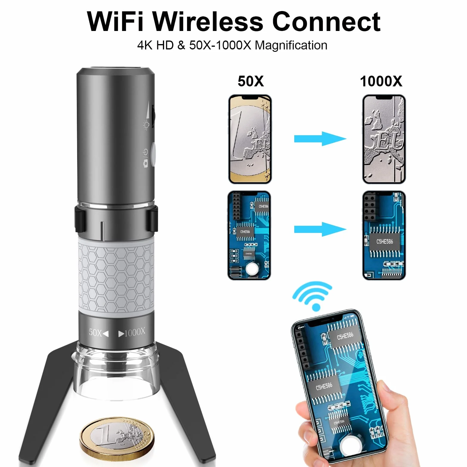 Microscopio Digital WiFi 4K 3840 x 2160p para iPhone Android y Windows Mac PC, cámara de microscopio de Mano inalámbrica, microscopio portátil con Soporte de Metal para Adultos y niños