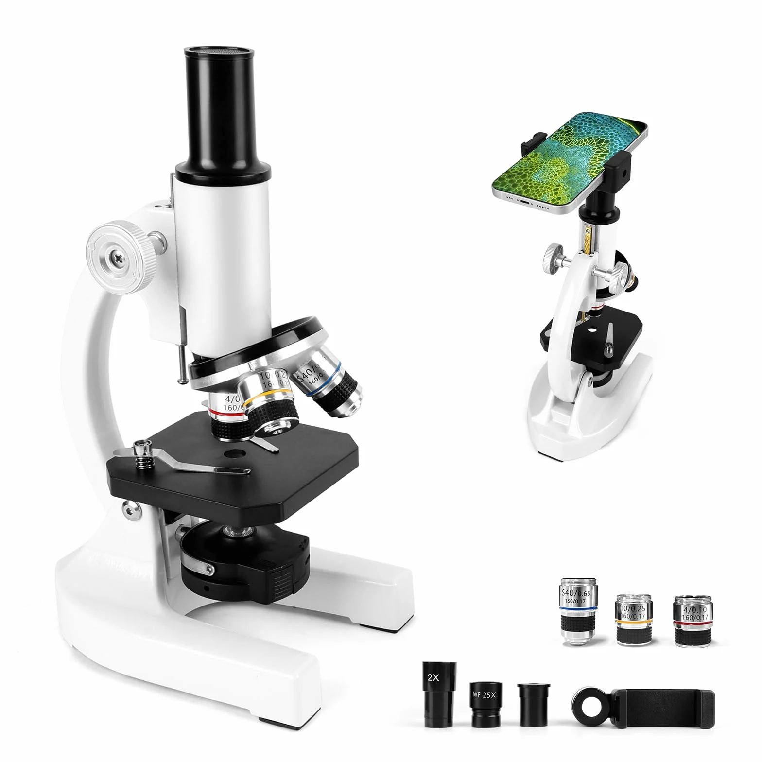 Microscopio 40-2000x, Microscopio óPtico MetáLico con Oculares De 10x Y 25x, Objetivos De 4x10x Y 40x Y Lupa De 2X. Ideal para Adultos Y NiñOs