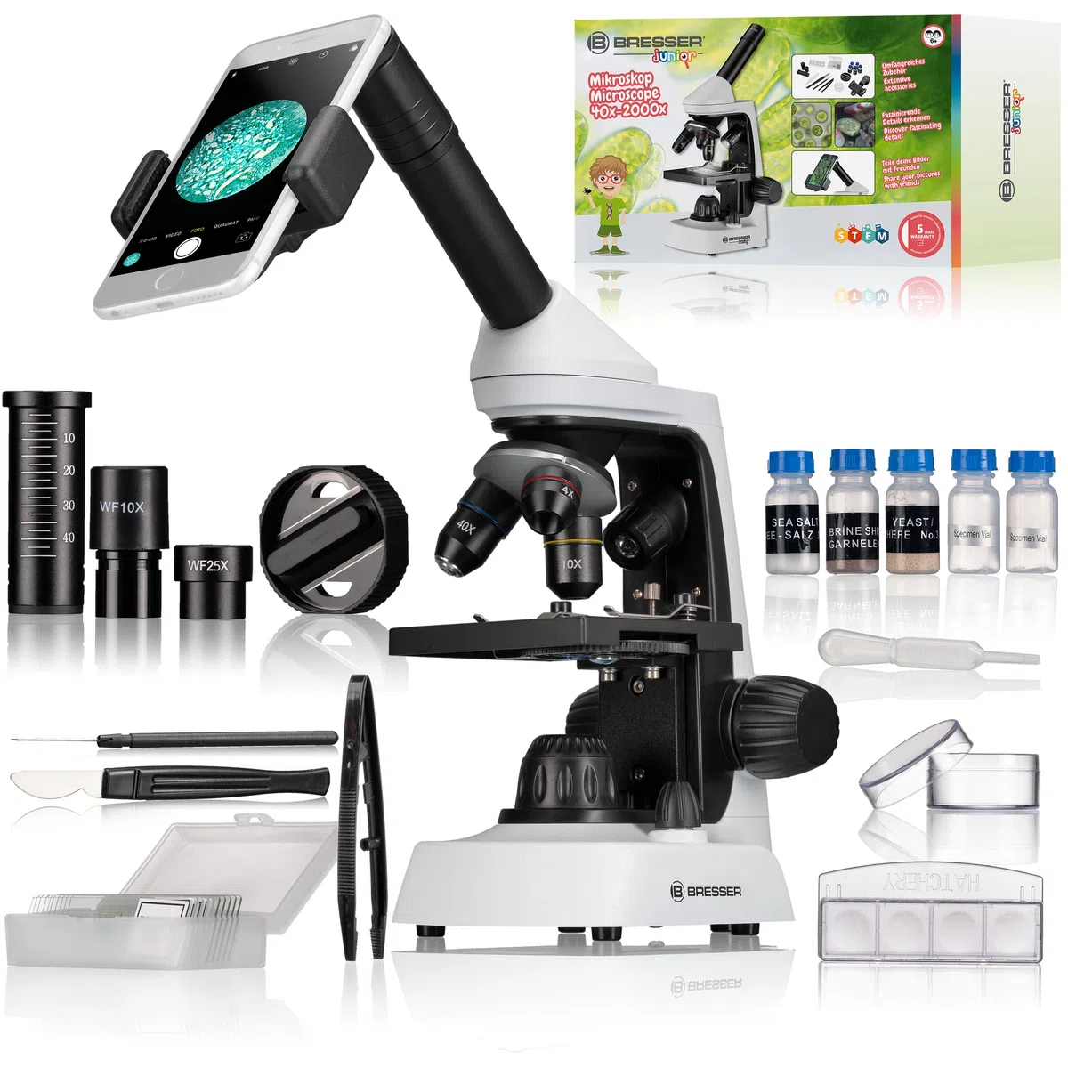 Bresser Microscopio Infantil 40x-2000x con Innovador Soporte para Smartphone e iluminación LED Regulable