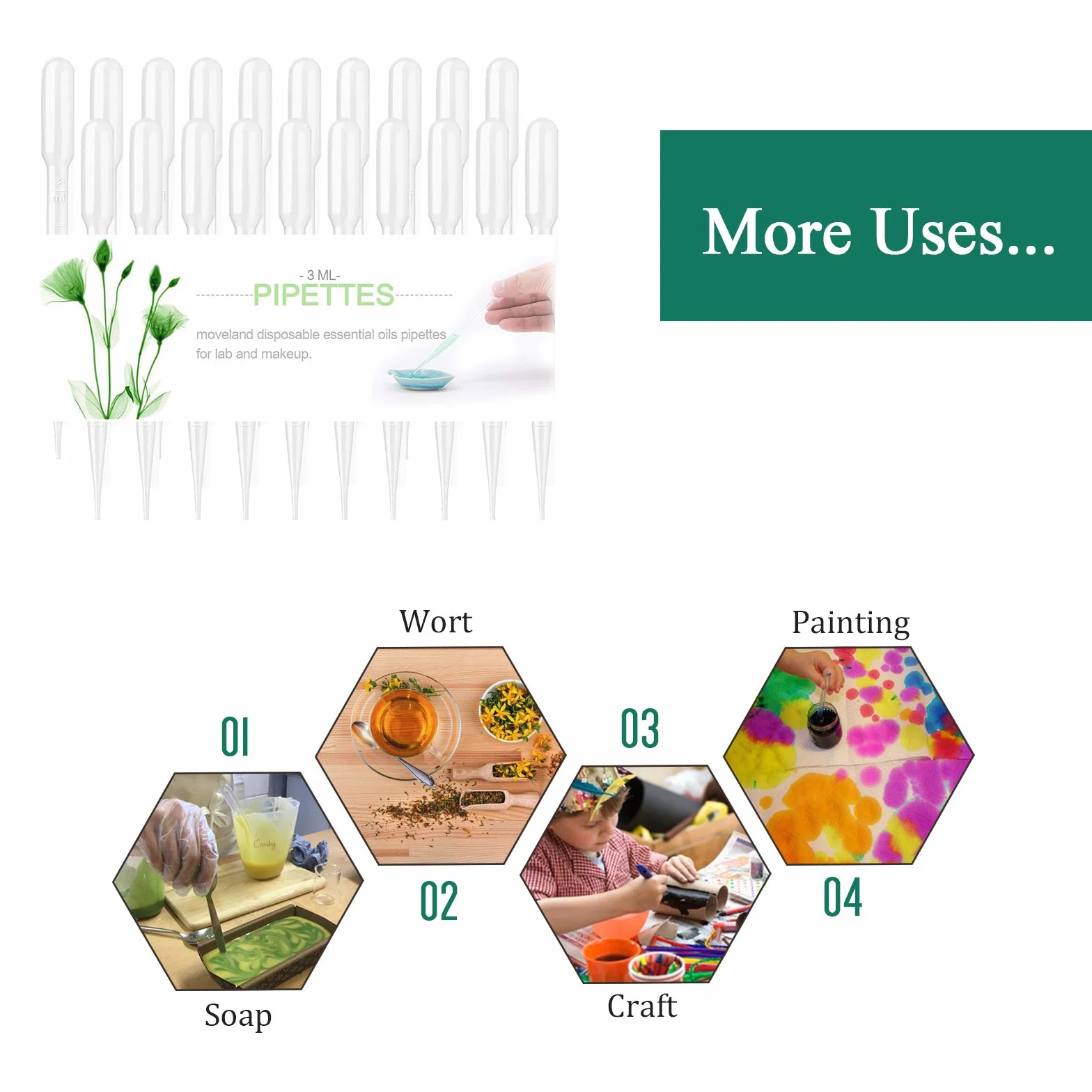Pipeta de transferencia desechable de plástico moveland de 3 ml para aceites esenciales y laboratorios científicos (300)