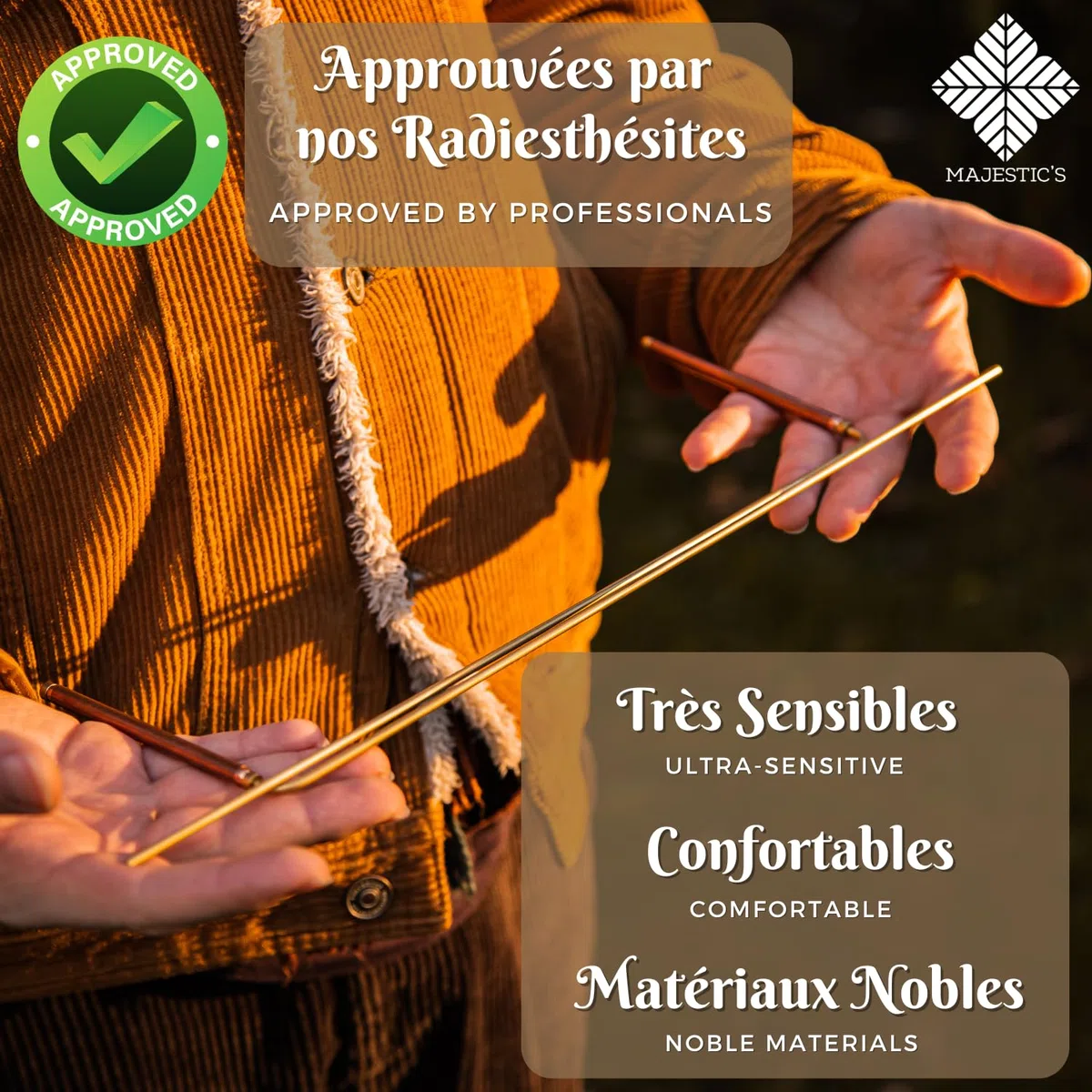 Majestic's Varillas Radiestesia Premium & Pendulo Adivinacion - Varillas de Zahori en Latón y Mango de Cobre – Varita de Radiestesia para Buscar Agua, Adivinación, Geobiología