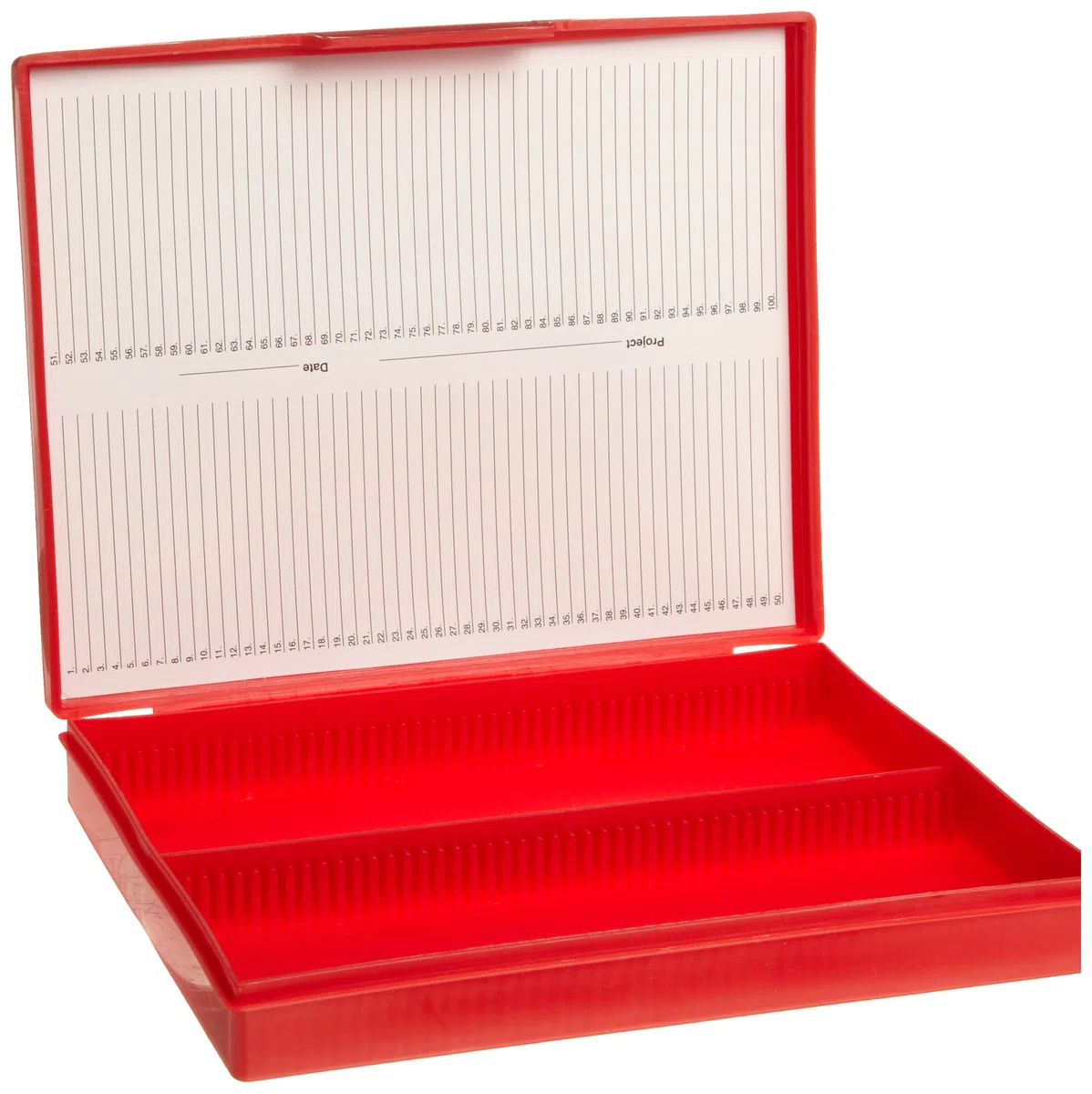 Heathrow Scientific HD15991B Economy - Caja para portaobjetos (polipropileno, capacidad: 100 portaobjetos, longitud x anchura x altura: 210 mm x 169 mm x 37 mm), color rojo