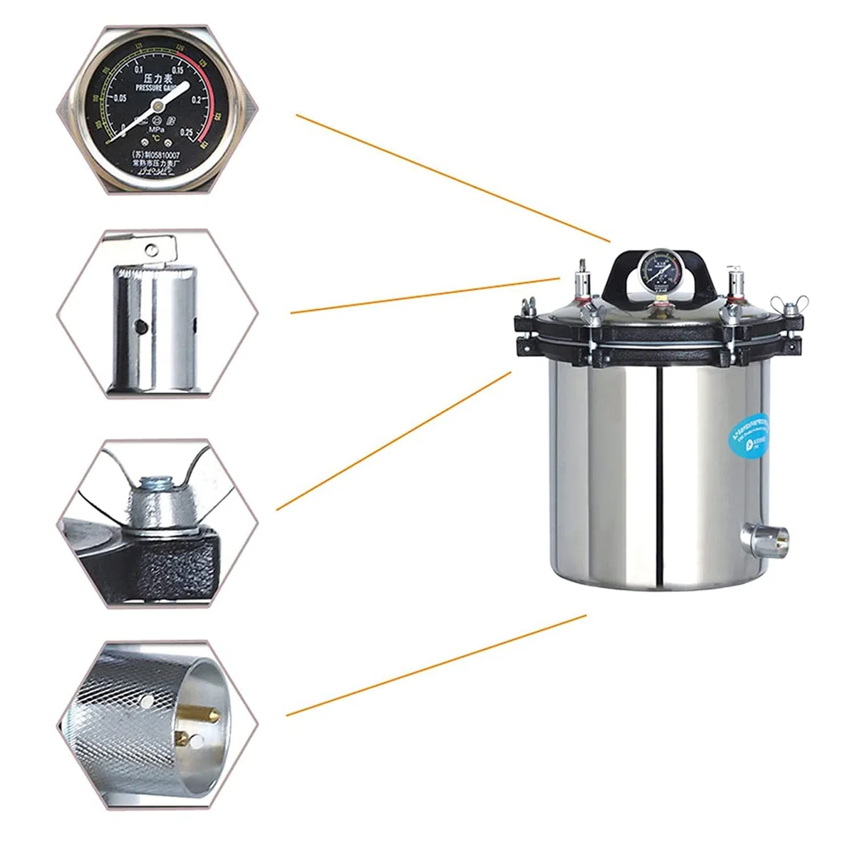 Autoclave portátil de 8/12/18/24 l con válvula de desinflado y válvula de seguridad, esterilizador de vapor de alta presión anti-quemaduras en seco de acero inoxidable para laboratorios y un