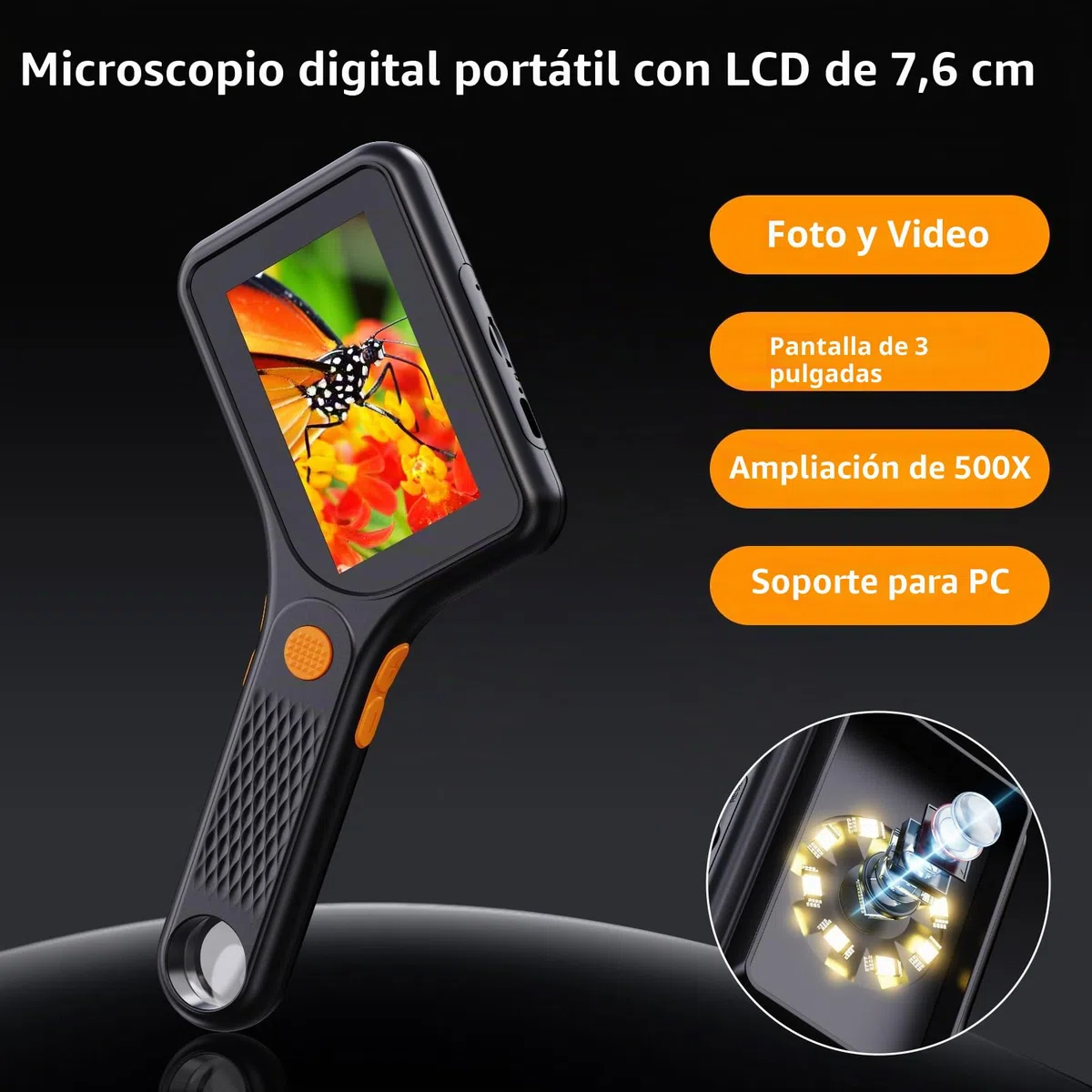 Microscopio Digital para Adultos 500X, Microscopio de Bolsillo Portátil con Pantalla HD de 3 Pulgadas, 8 Luces LED Ajustables, Compatible con Windows y MacOS - Negro