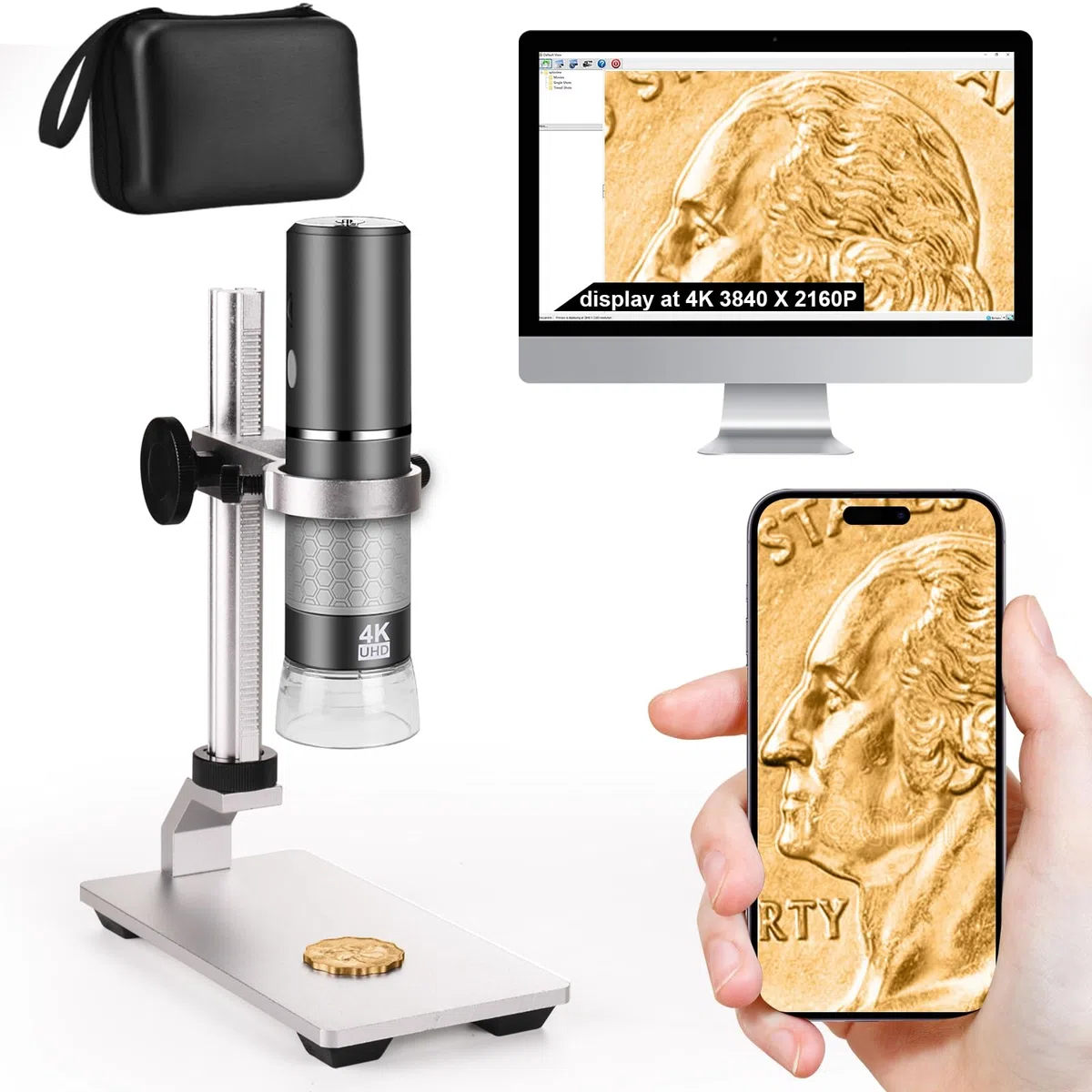 4K Microscopio WiFi con Soporte Profesional + Estuche, 50-1000X Microscopio Digital USB HD Cámara, para iPhone iPad Android Windows Mac Chrome Linux