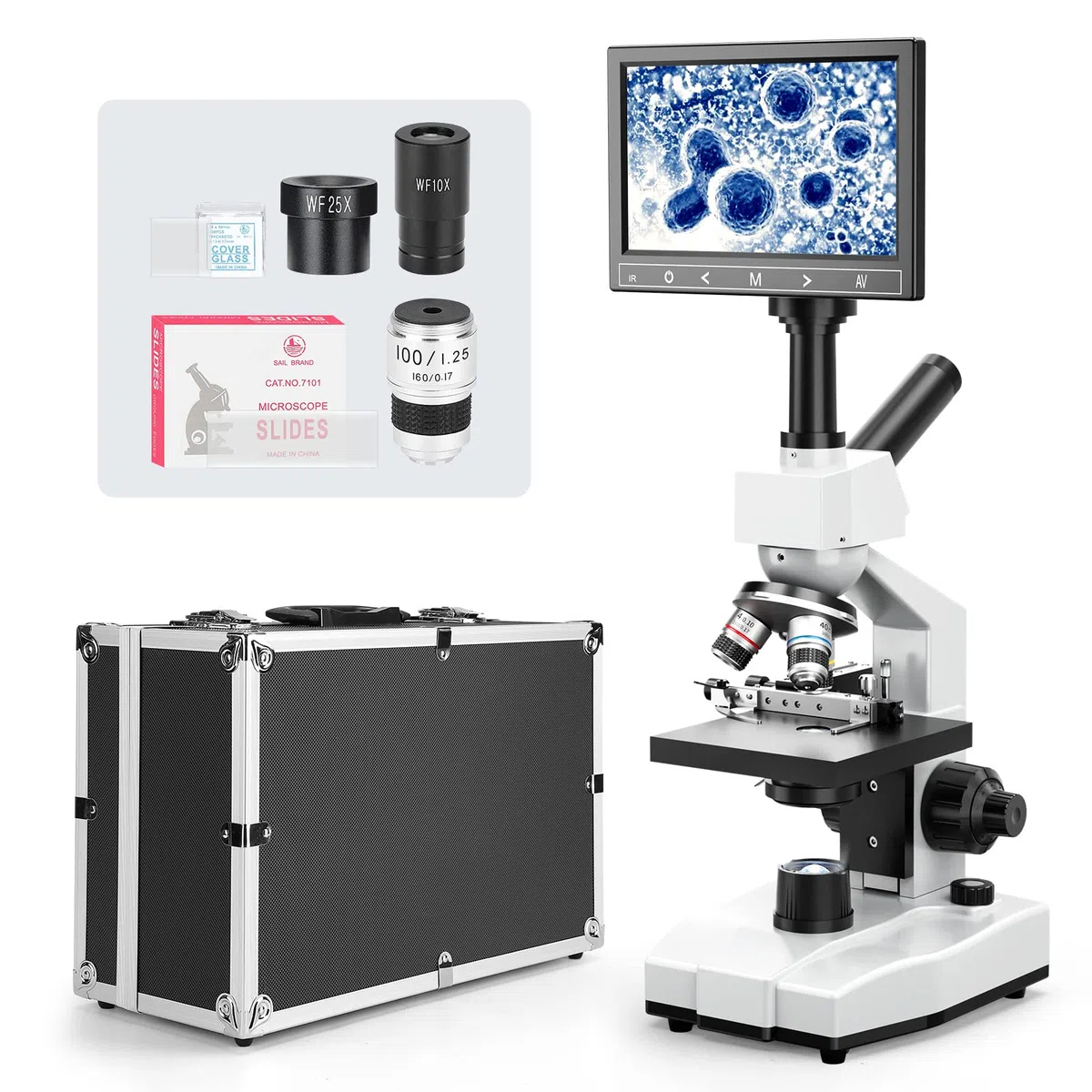 [Modelo sanguíneo] Vabiooth Dual View Laboratorio Compuesto Monocular Microscopio - Aumento 40X - 2500X, Pantalla LCD de 5MP 7″, Mesa de objetos mecánicos ajustable