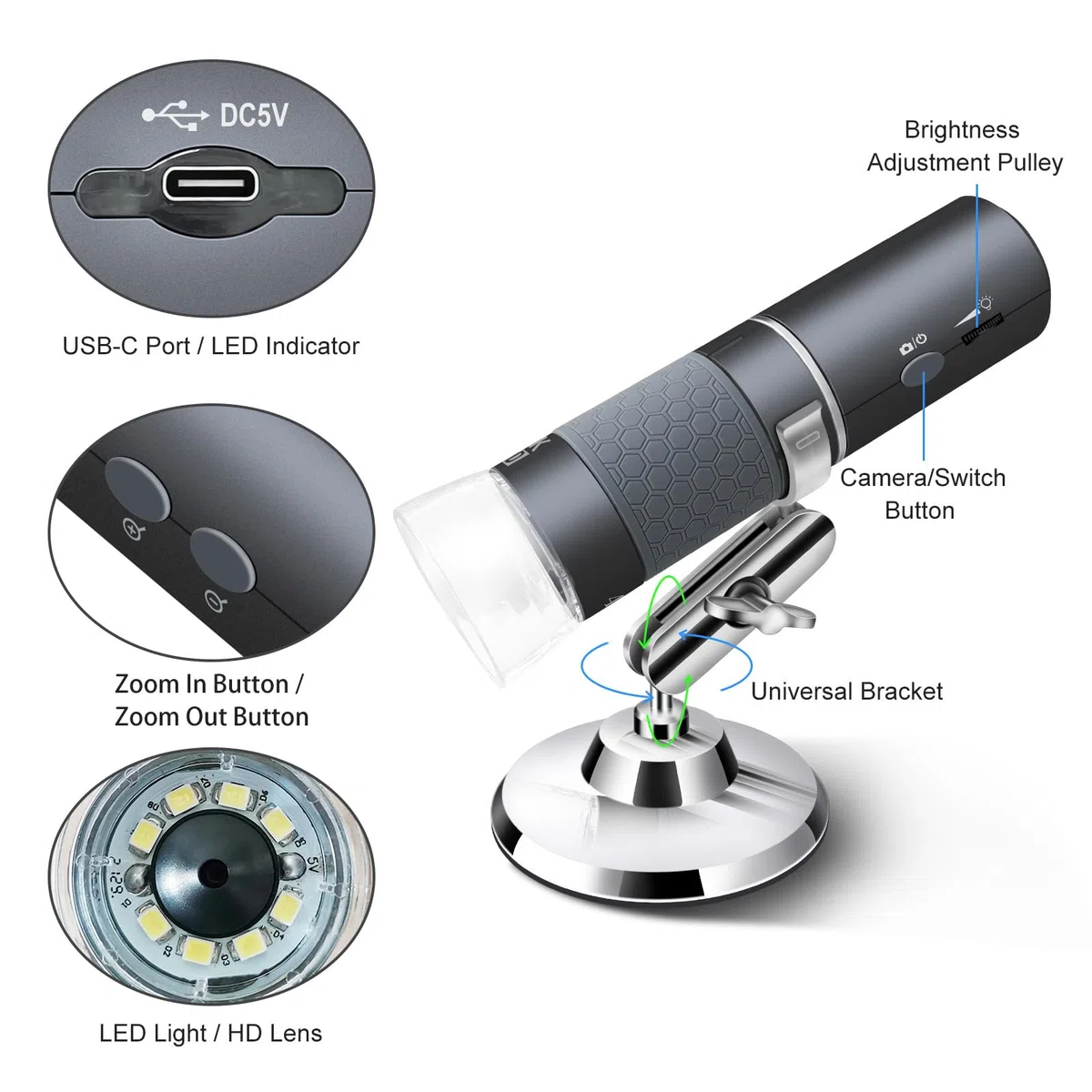 4K WiFi Microscopio para iPhone Android, 50 a 1000X Microscopio Digital USB Inalámbrico Super HD Endoscopio Cámara para Todos Los iPhone iPad Android Teléfonos Tablet Windows Mac Chrome Linux