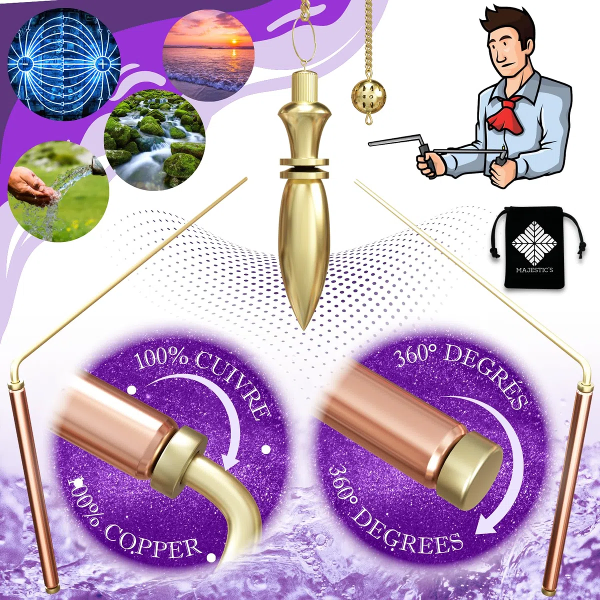 Majestic's Varillas Radiestesia Premium & Pendulo Adivinacion - Varillas de Zahori en Latón y Mango de Cobre – Varita de Radiestesia para Buscar Agua, Adivinación, Geobiología