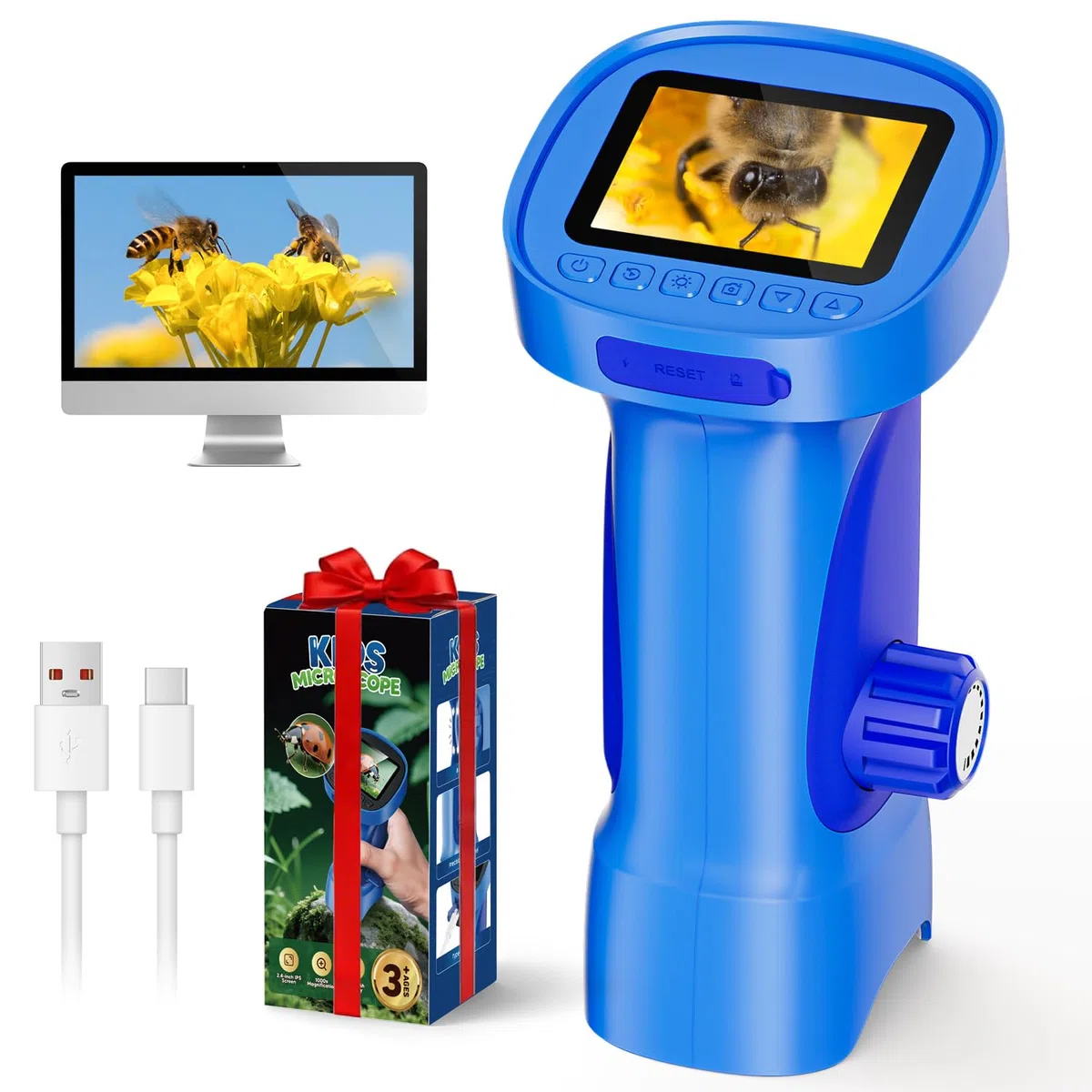 Microscopio para Niños, Ahalfcit Microscopio Digital con Pantalla HD IPS 2.4", 1000X Microscopio Niños Portátil, Juguete Exploración Natural, Regalo Stem para Niños 3-12 Años (Azul)