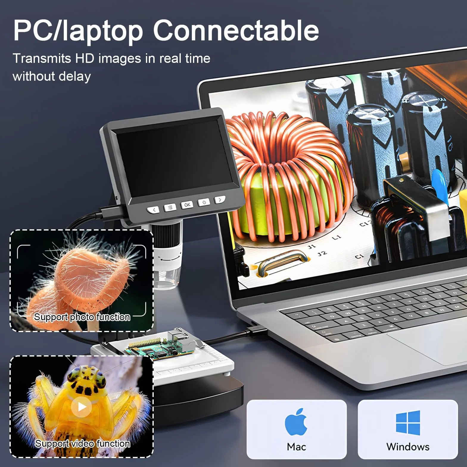 Microscopio Digital LCD, Aumento de 50x a 1000x, Pantalla de 4,3 Pulgadas, Resolución de 1080P, Lente de 2 Millones de Píxeles, con 8 Luces LED, Conectable a PC, Computadora portátil