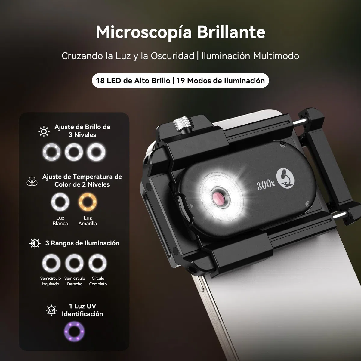 Evil Eye Microscopio 300X para Smartphone, Minimicroscopio Compacto con CPL, 18 Luces LED, 19 Modos de Iluminación & UV Luz, Microscopio Digital con Clip Universal, Ideal para iPhone/Android