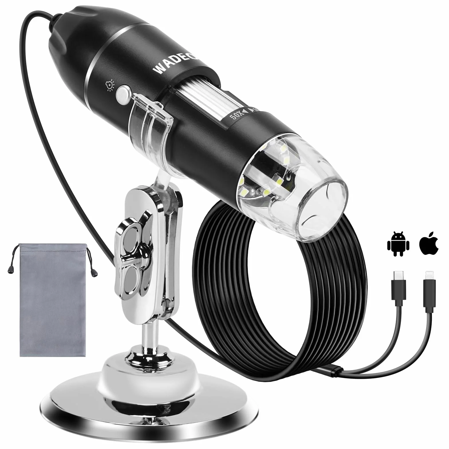 WADEO Microscopio Digital de Mano, microscopio USB 1440P HD con Aumento de 50X-1600X, cámara de inspección portátil sin WiFi, con Cable con 8 LED y Soporte, Compatible con iOS, Android y tabletas