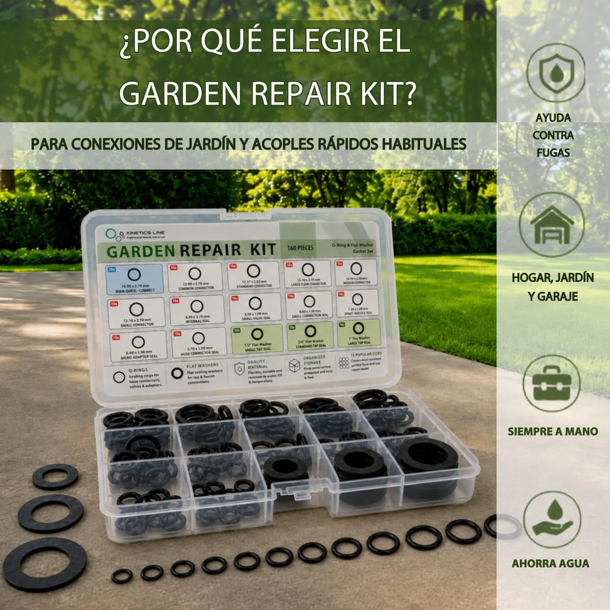 Garden Repair Kit, 160 Piezas – Juntas Tóricas y Juntas Planas de Peroxide EPDM para Manguera de Jardín, Grifo, Conector de Manguera y Aspersor